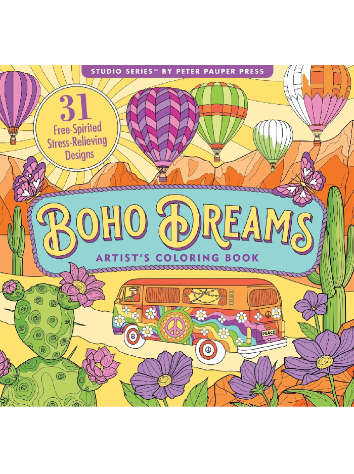 Colorful 'Boho Dreams' coloring book cover with hot air balloons, cacti, and a van.