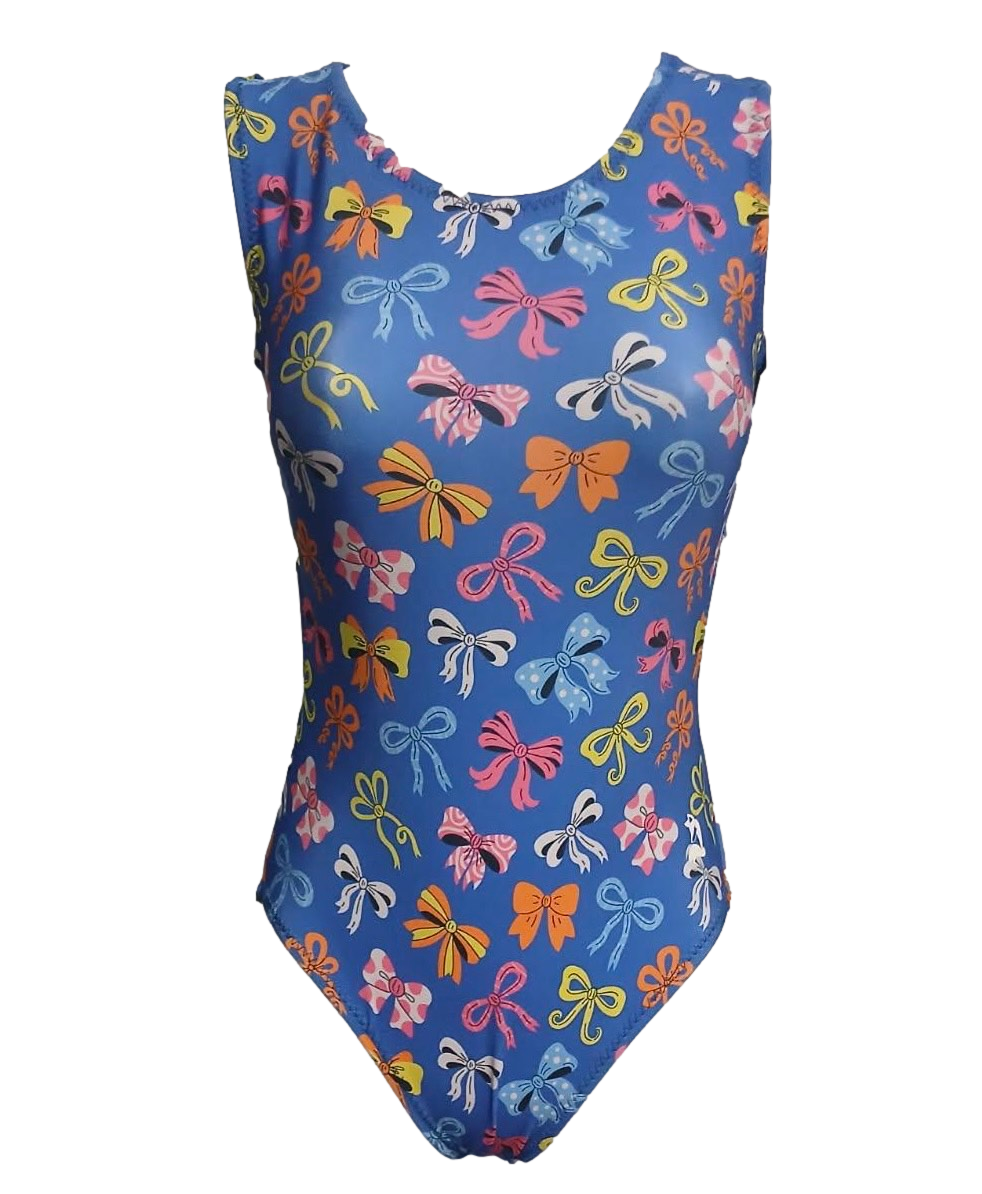 blue leotard with color bows