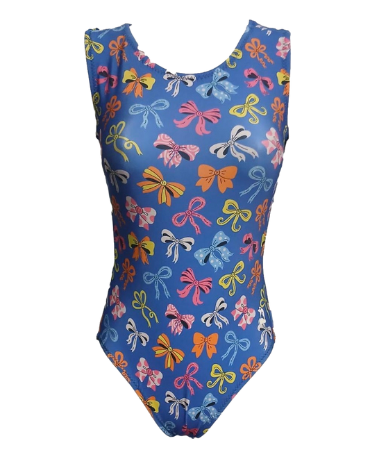 blue leotard with color bows