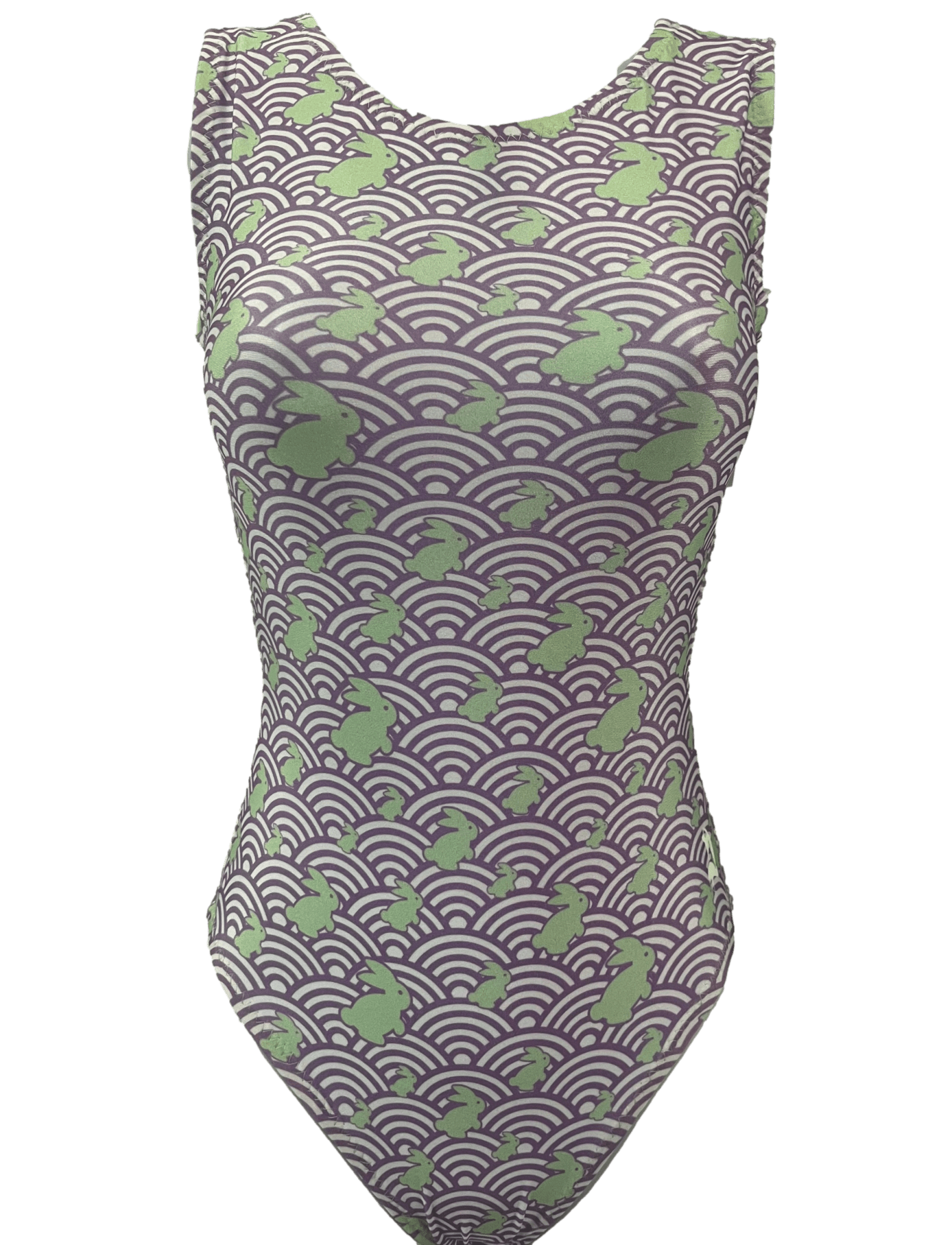 One-piece leotard for girls with purple and white arcs and green hopping bunnies print