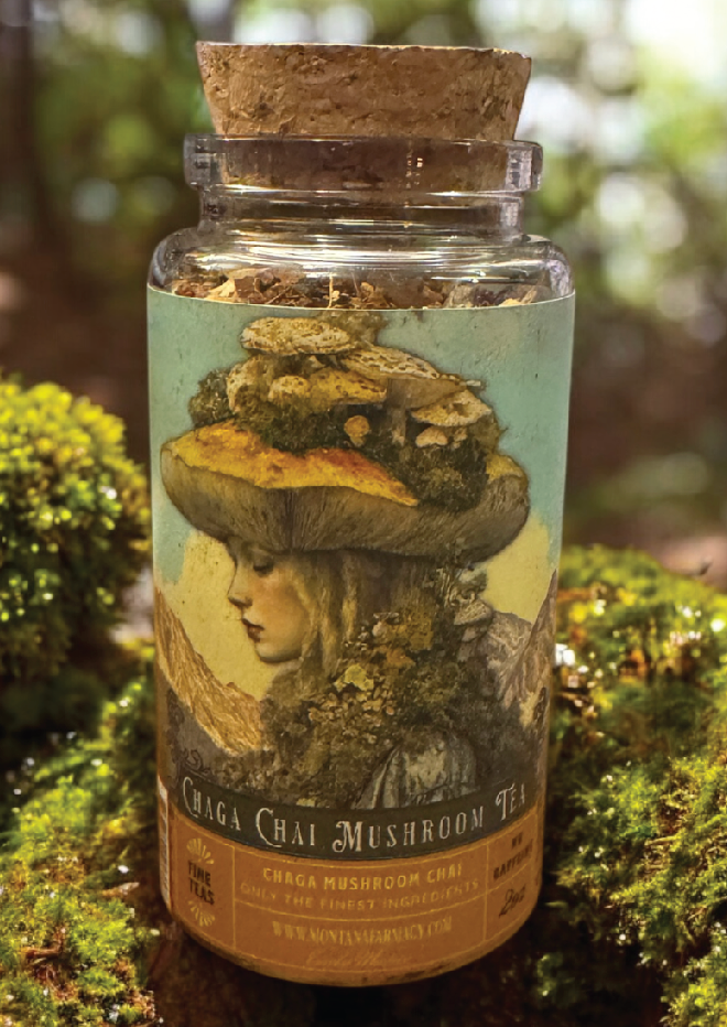 Jars of Chaga Chai Mushroom Tea with a decorative label on a natural background