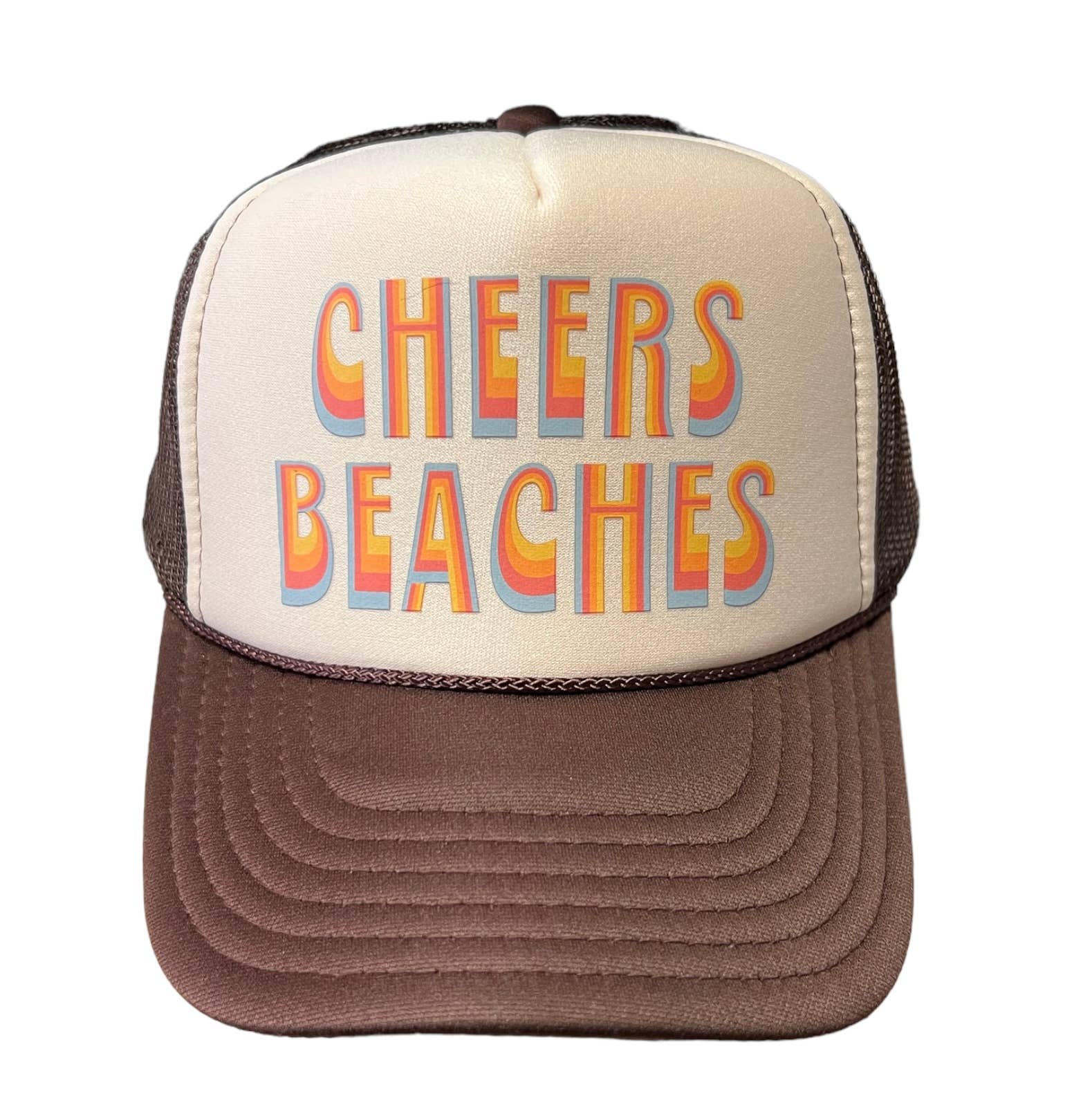 Cream and brown trucker hat with 'CHEERS BEACHES' in colorful retro-style lettering