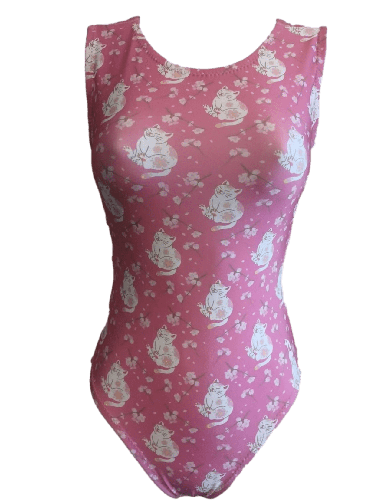 Pink leotard with white cat and cherry blossom pattern on a green background