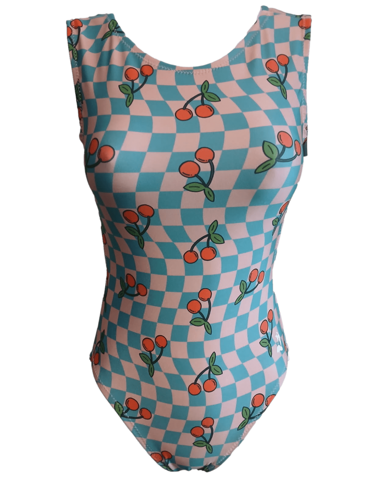 One-piece foxys gymnastics leotard with cherry and checkered pattern on a green background