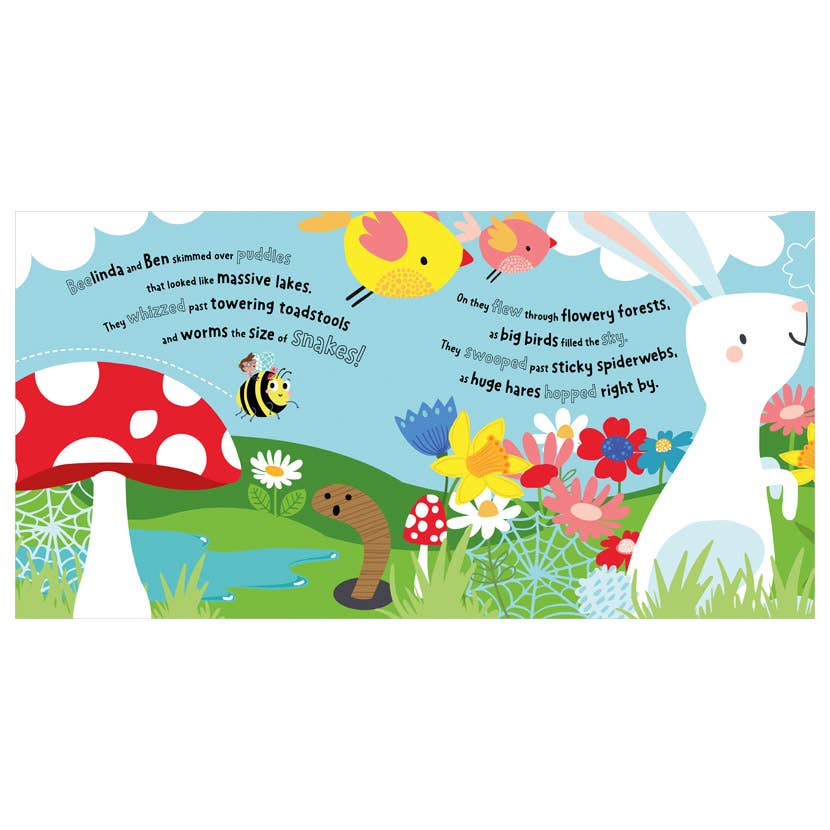 A colorful children's book or poster page featuring a whimsical forest scene with a white rabbit, red mushroom, bird, bee, worm, flowers, and text about a bunny and Bert.