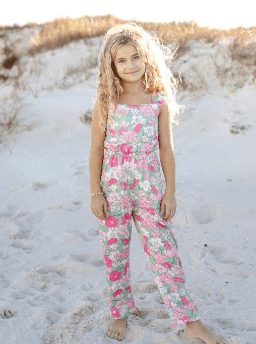 Kids Mint & Pink Flower Button Ruffle Summer Pocket Jumpsuit - Foxy’s
