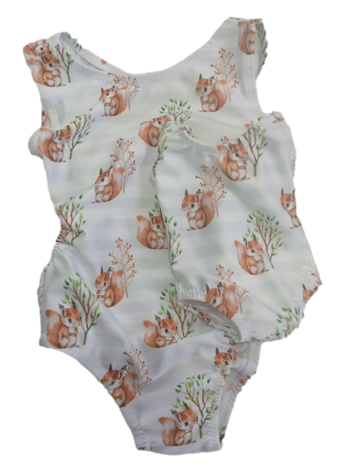 Toddler leotard wiith chipmunk pattern on a white background with a matching doll leotard