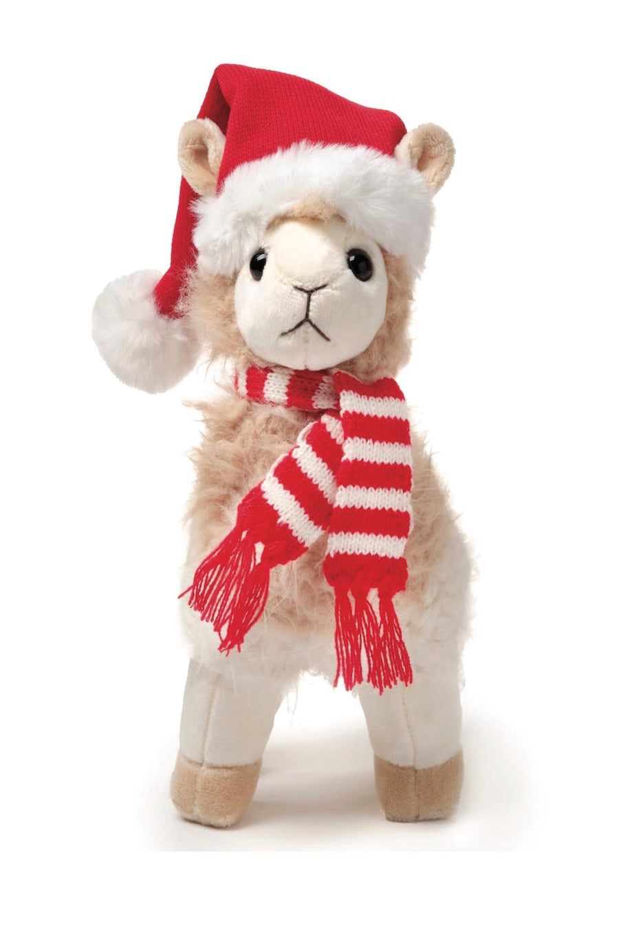 A plush llama toy wearing a red Santa hat with white trim and a red-and-white striped knit scarf, photographed on a clean white background.