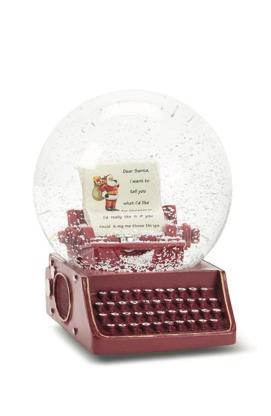 Christmas snow globe shaped like a typewriter with a letter to santa inside of the snow globe