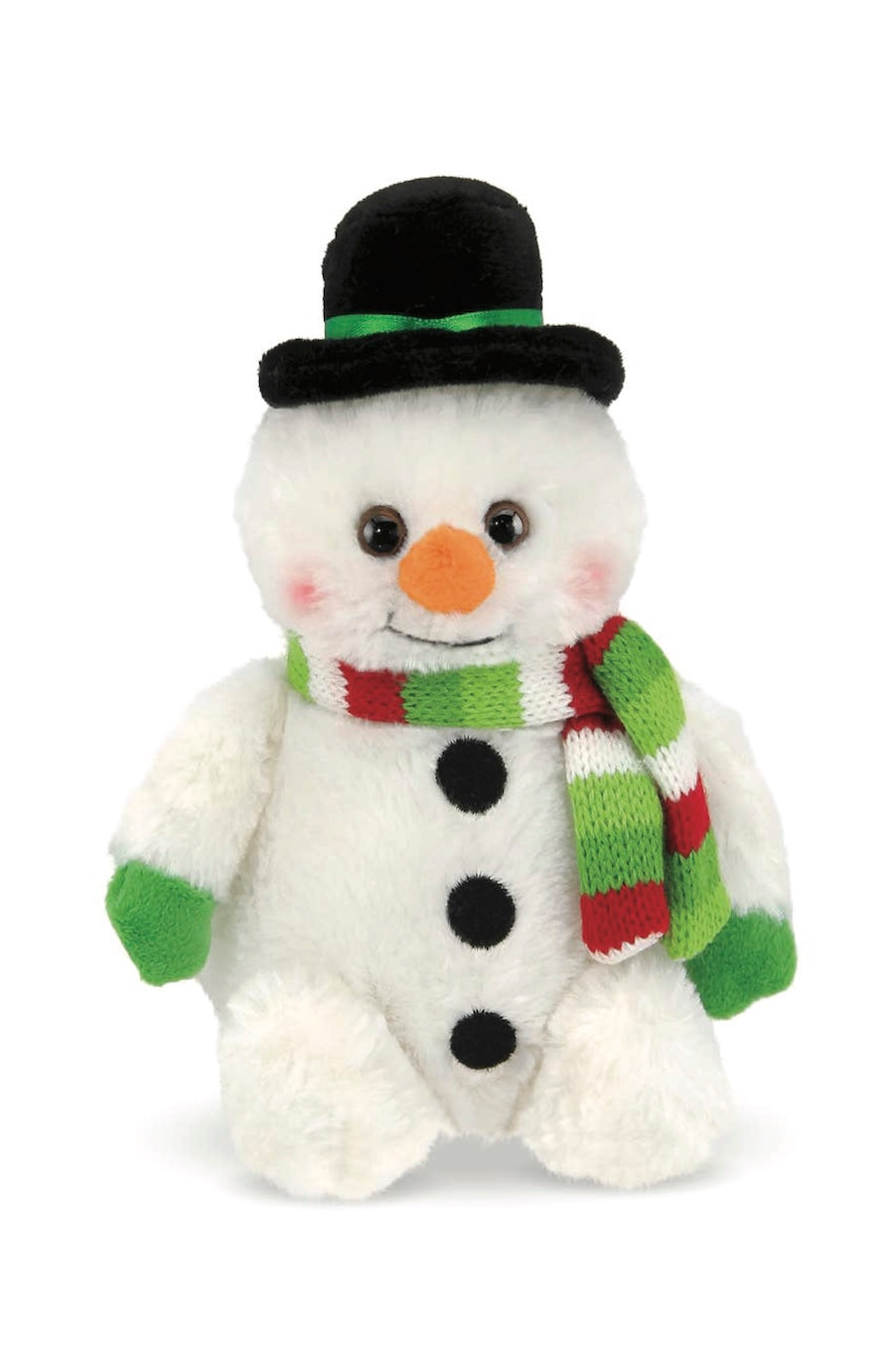 A plush snowman toy with a white fuzzy body, black top hat, green band, orange carrot nose, black buttons, pink cheeks, and a green, red, and white striped scarf, shown on a white background.