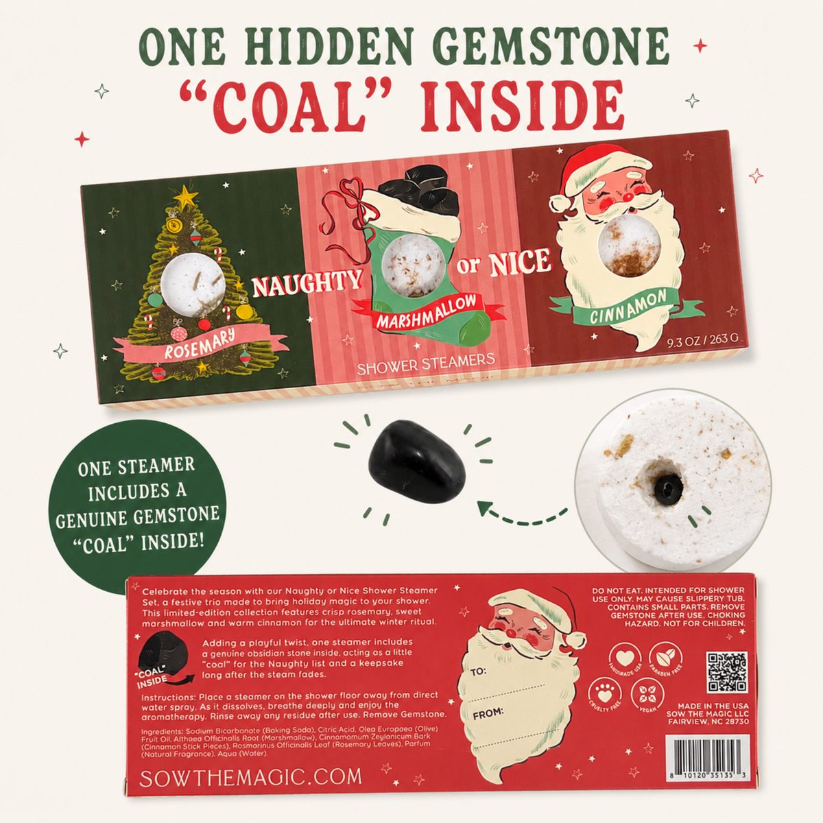 Christmas-themed shower steamers package featuring three illustrated flavor options: Rosemary, Madhmalloon, and Cinnamon. The main product is shown as a rectangular red-and-green wrapped bundle, with a separate black gemstone shown beside an exploded view of a wrapped steamers packet and a close-up of the gemstone inside a wrapped packet.