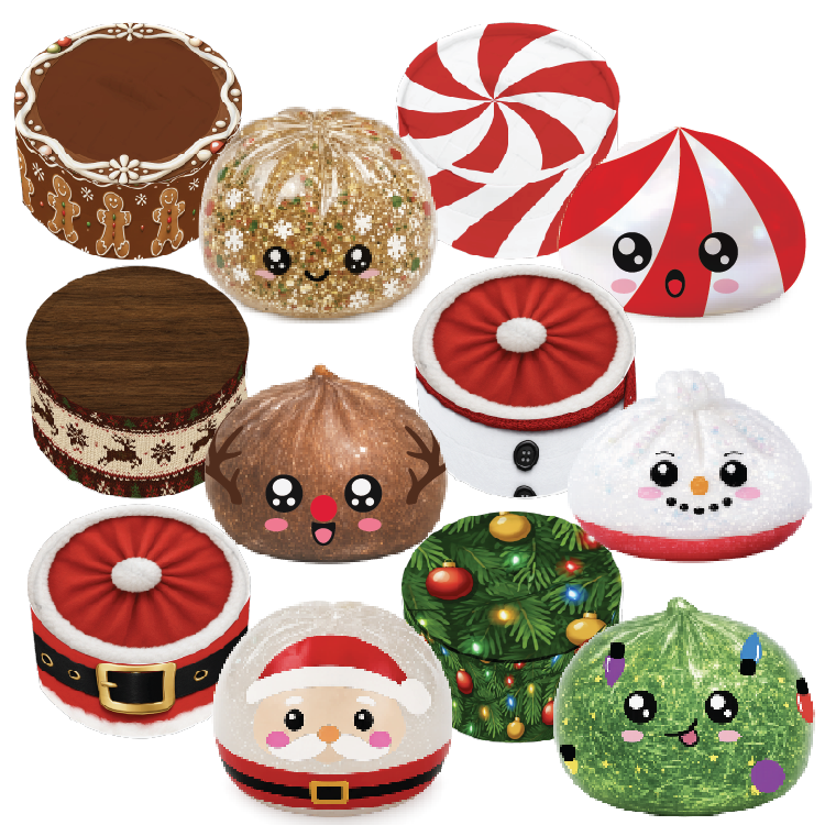 A set of cute, kawaii-style squishy stress balls shaped like various holiday treats and characters, including a gingerbread man, peppermint candy, snowman, Santa Claus, Christmas tree, and glittery pumpkin, arranged on a plain white background.