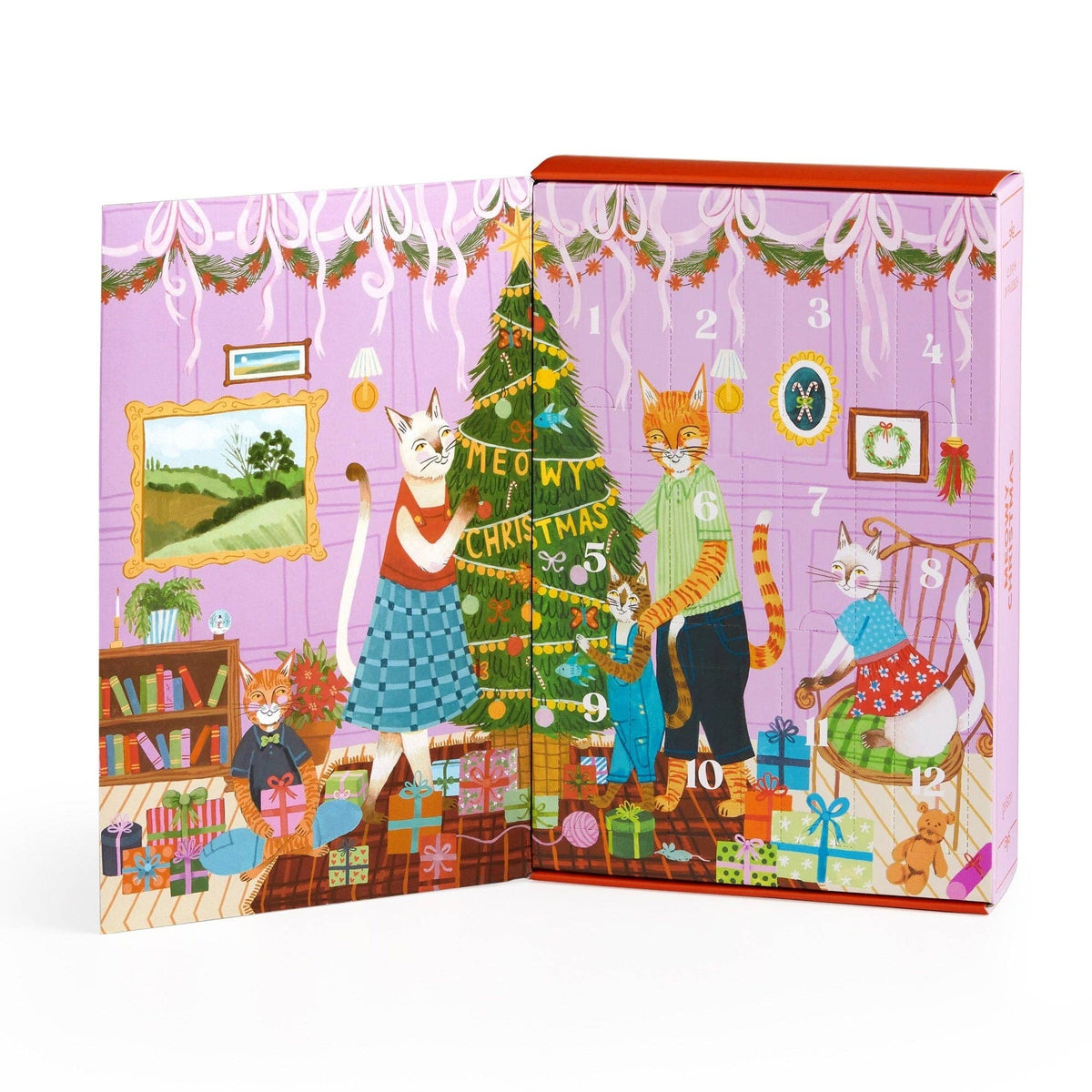 Illustrated Advent calendar with cats and a Christmas tree on a purple background