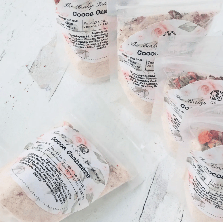 ziplock bags with cocoa cashmere bath salts 