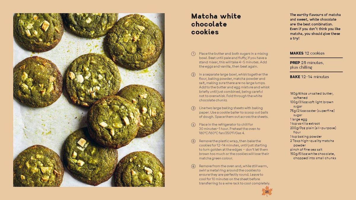 A recipe card for 'Matcha white chocolate cookies' featuring a photo of several round chocolate cookies topped with matcha and white chocolate chips on the left, with ingredients and step-by-step instructions printed on a beige background on the right.