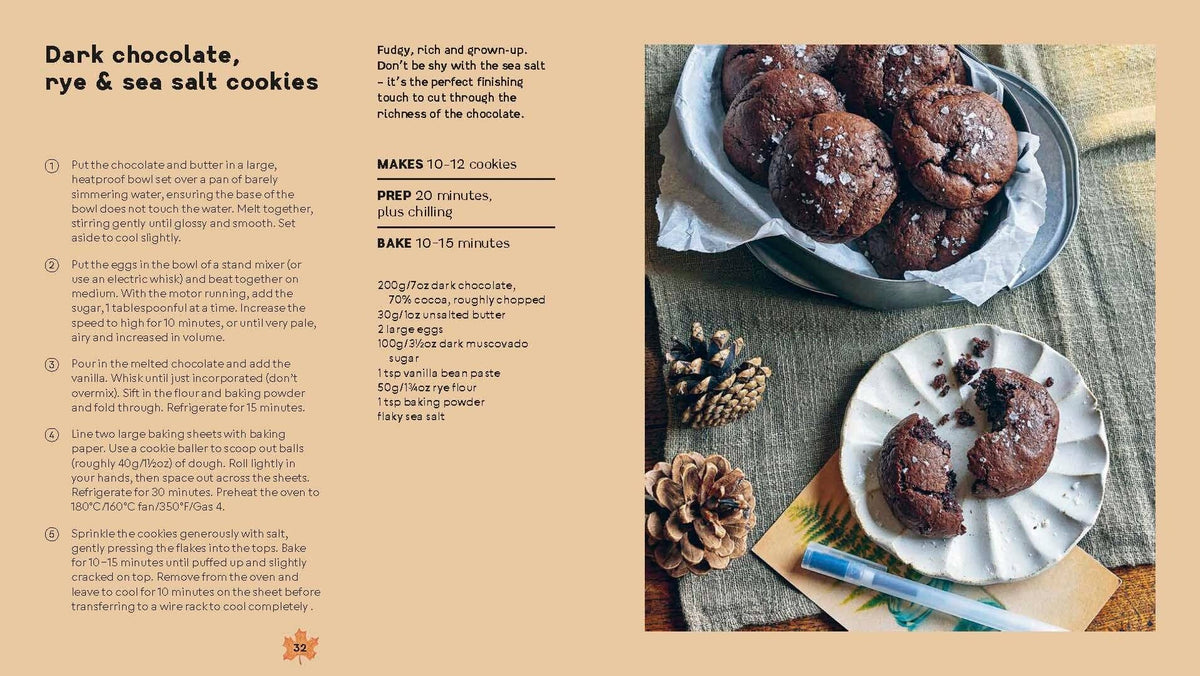 A recipe card for dark chocolate, rye & sea salt cookies, featuring a photo of baked cookies on a plate, ingredients list, and step-by-step preparation instructions on a beige background.