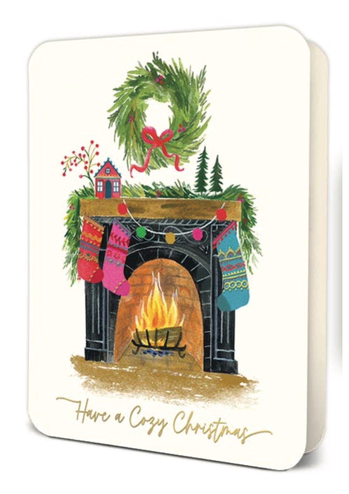 Christmas card with a fireplace, wreath, and stockings on a white background