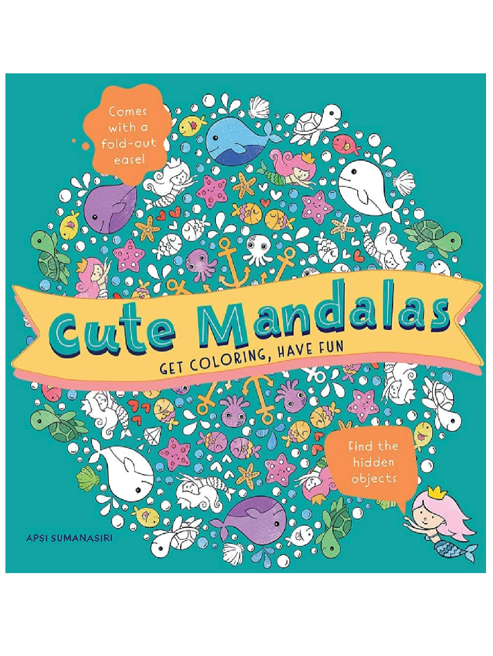 Coloring book titled 'Cute Mandalas' with sea-themed illustrations on a teal background.