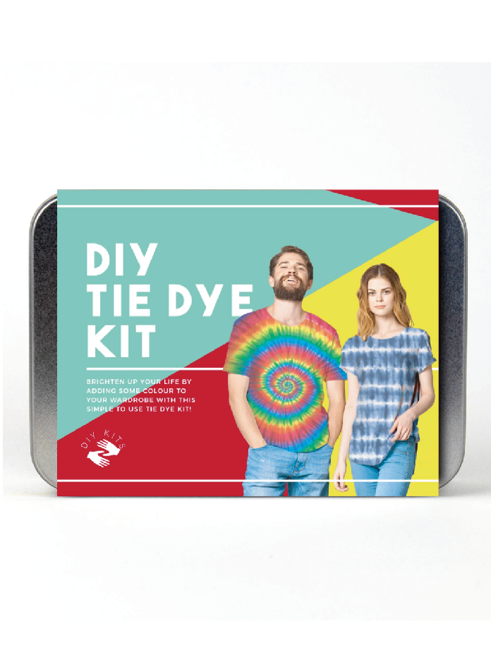 DIY Tie Dye Kit packaging with two people wearing tie dye shirts on a white background