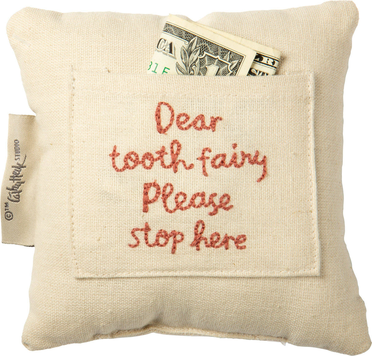 Textile pouch with 'Dear tooth fairy Please stop here' embroidery and money inside, on a white background.