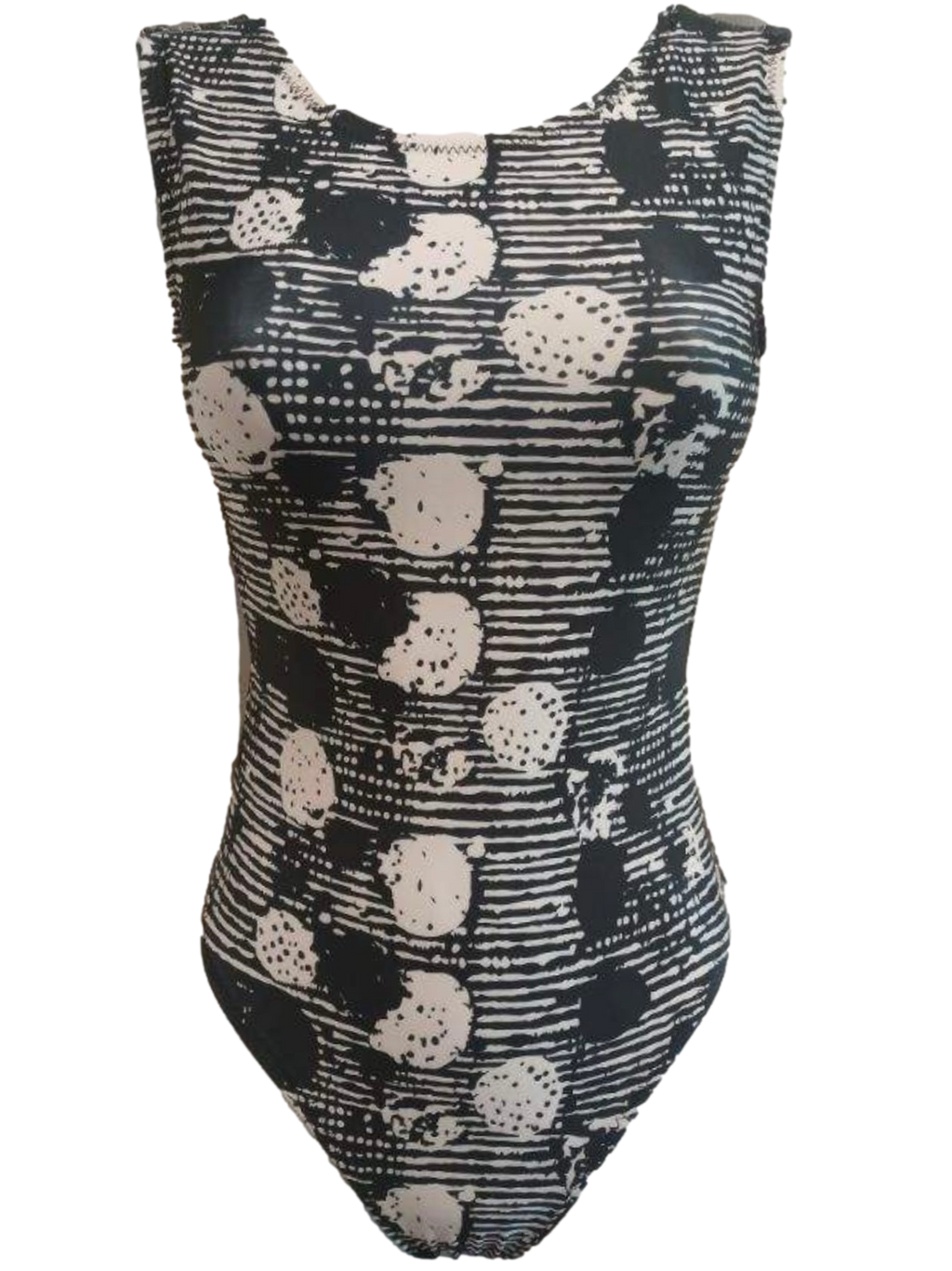 black and white leotard with dots and stripes
