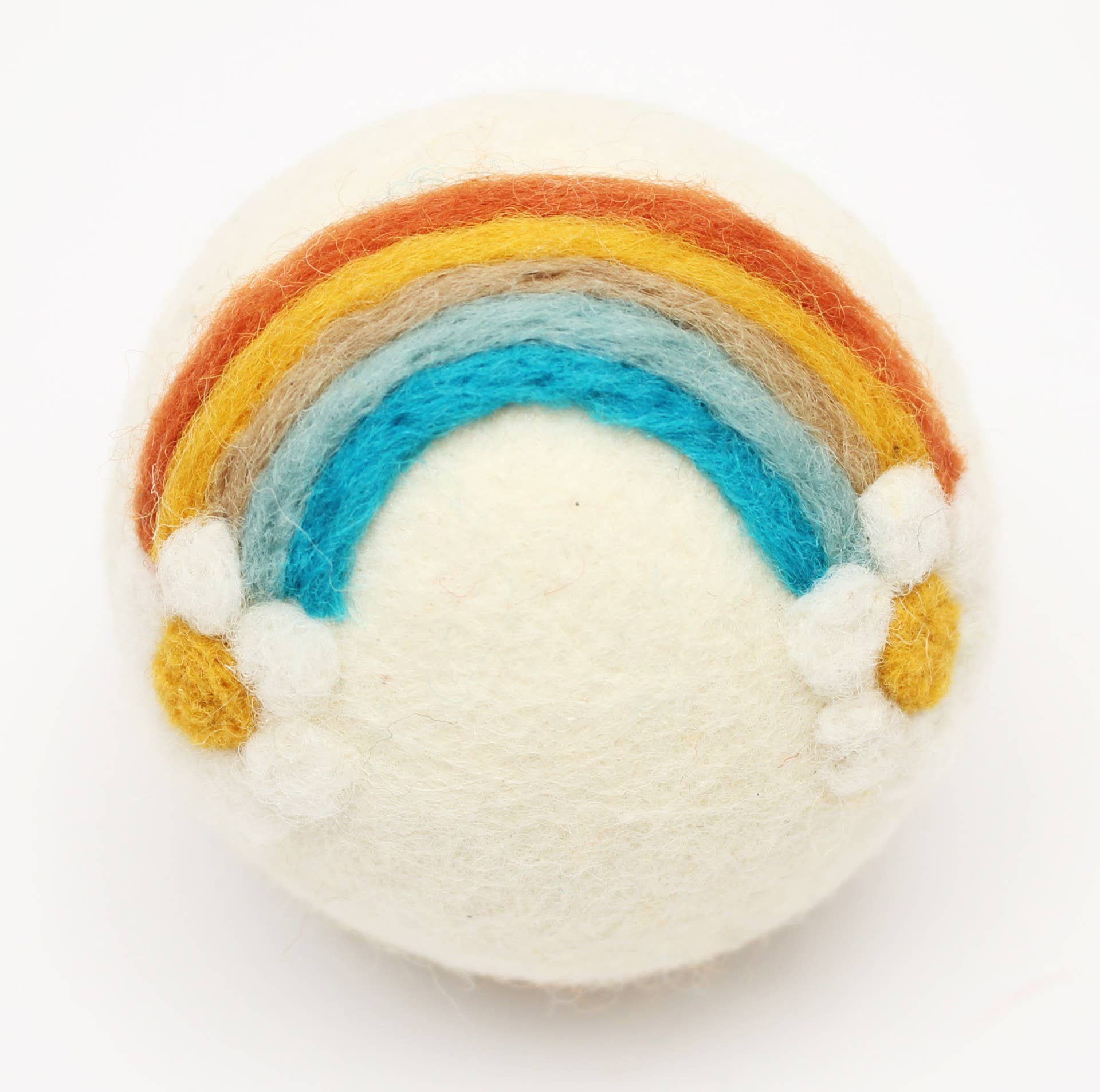 Knitted rainbow wool dryer ball on a white background