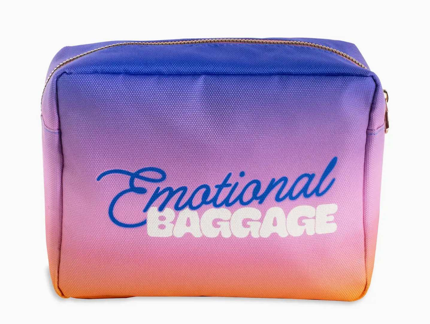 ombre purple pink and orange colored zipper make-up bag that says emotional baggage
