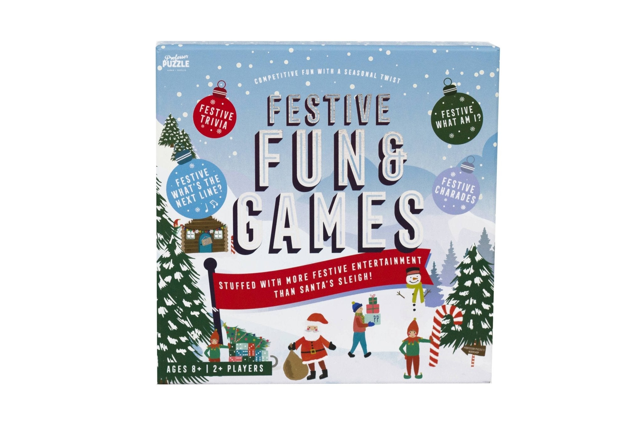 Festive Fun & Games product packaging with Christmas-themed design on a white background