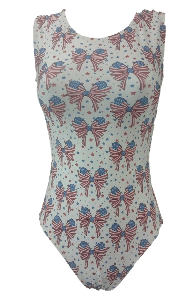 One-piece leotard with red, white, and blue bow pattern on a light background