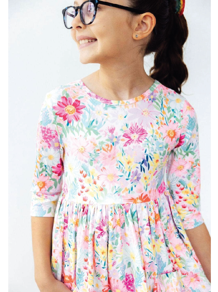 Field of Flowers 3/4 Sleeve Pocket Twirl Dress - Foxy’s
