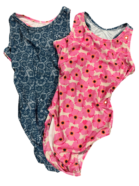 pink and navy blue flower leotards