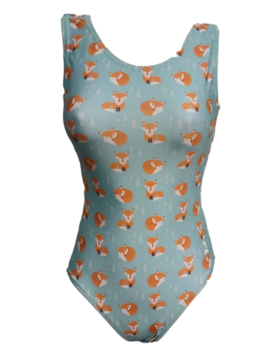 baby blue leotard with art deco foxes