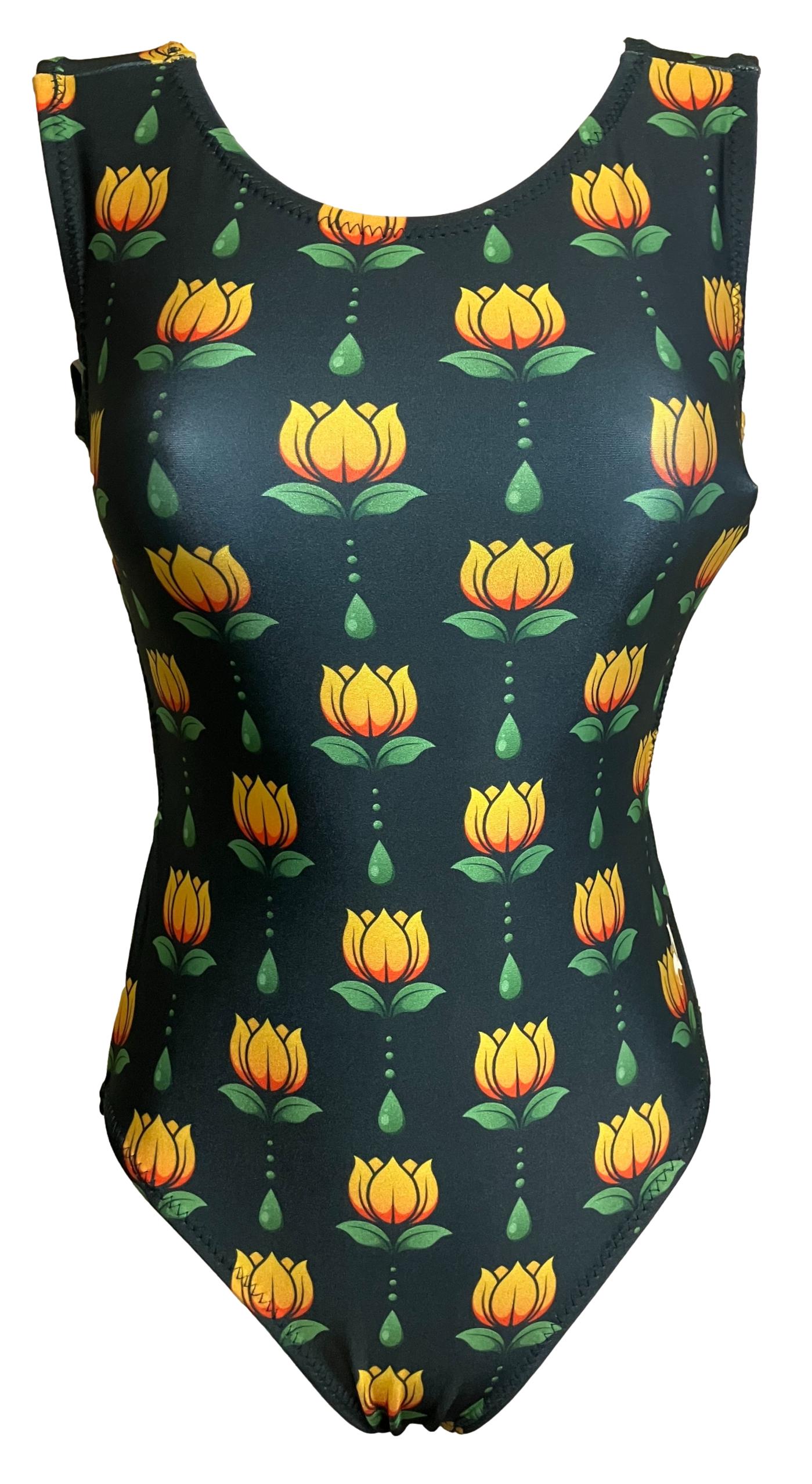 black leotard with orange lotus flowers