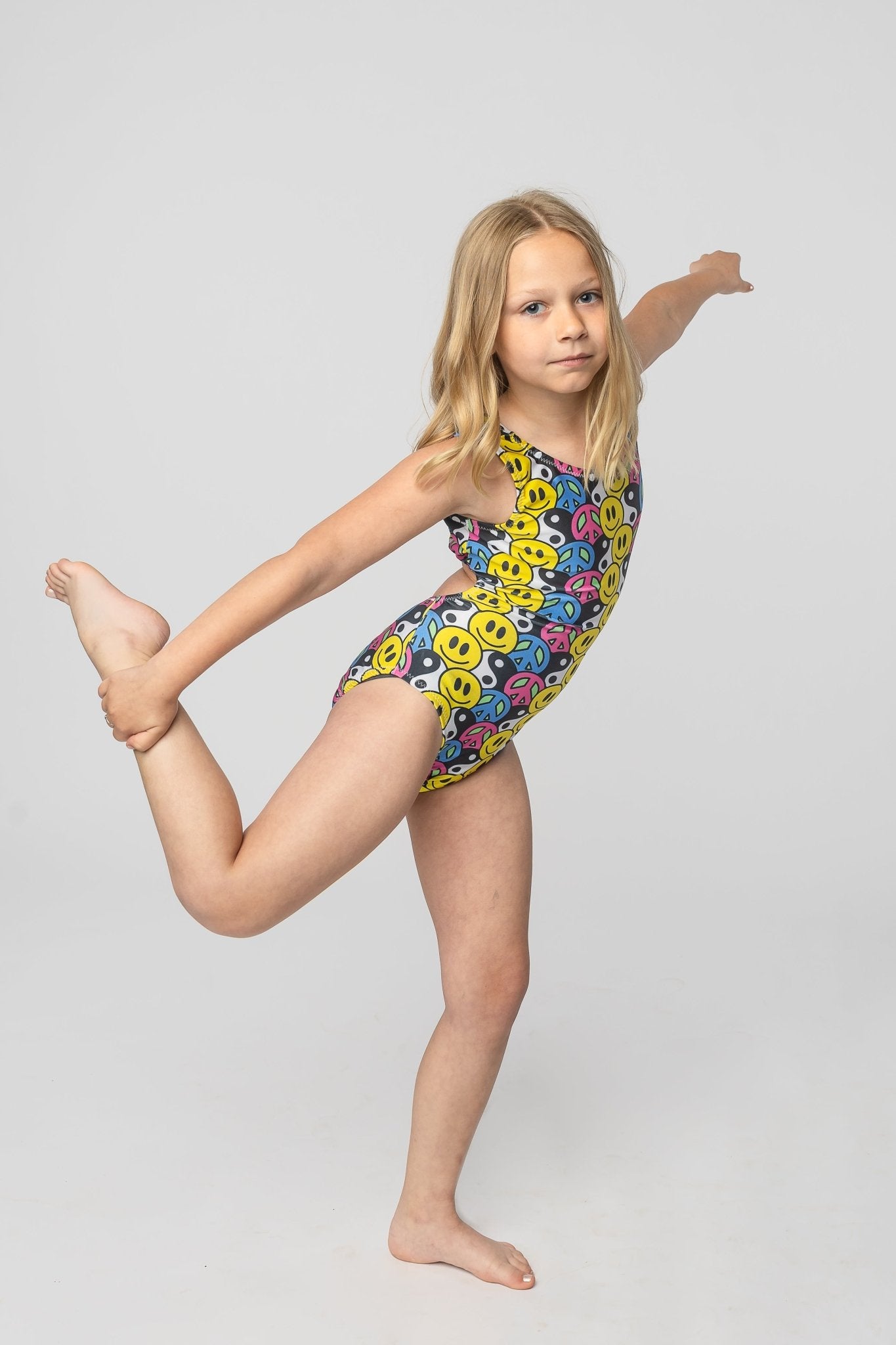 Happy Harmony Gymnastics Leotard- Retro Smiley Face & Peace Sign Print for Girls - Foxy’s