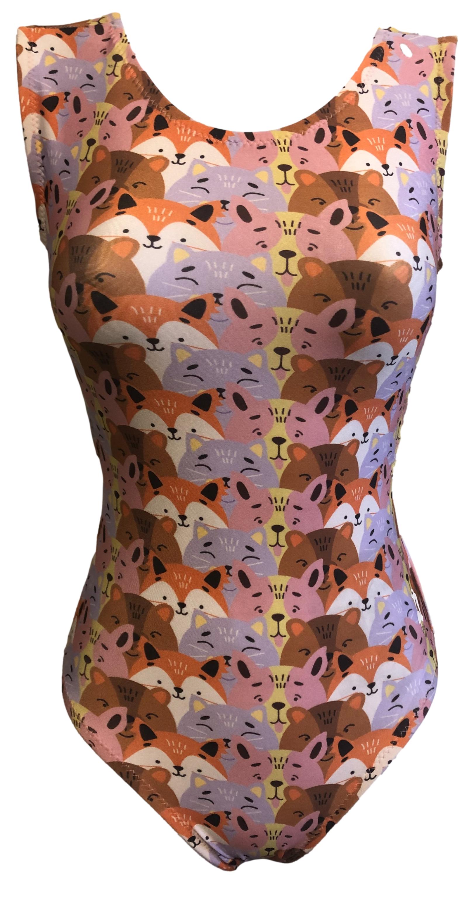 Foxy's leotard with a cute animal print featuring foxes, bears, cats, and bunnies.