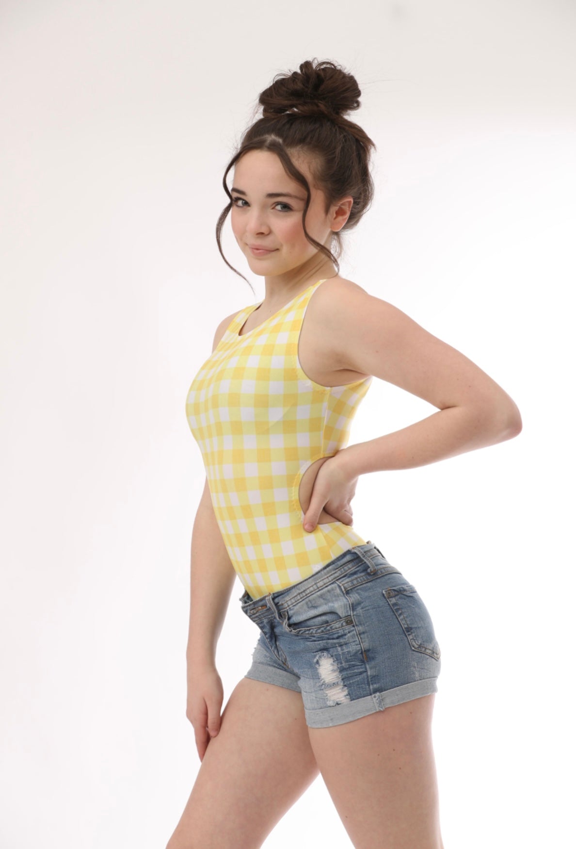 Yellow gingham gymnastics leotards for girls 