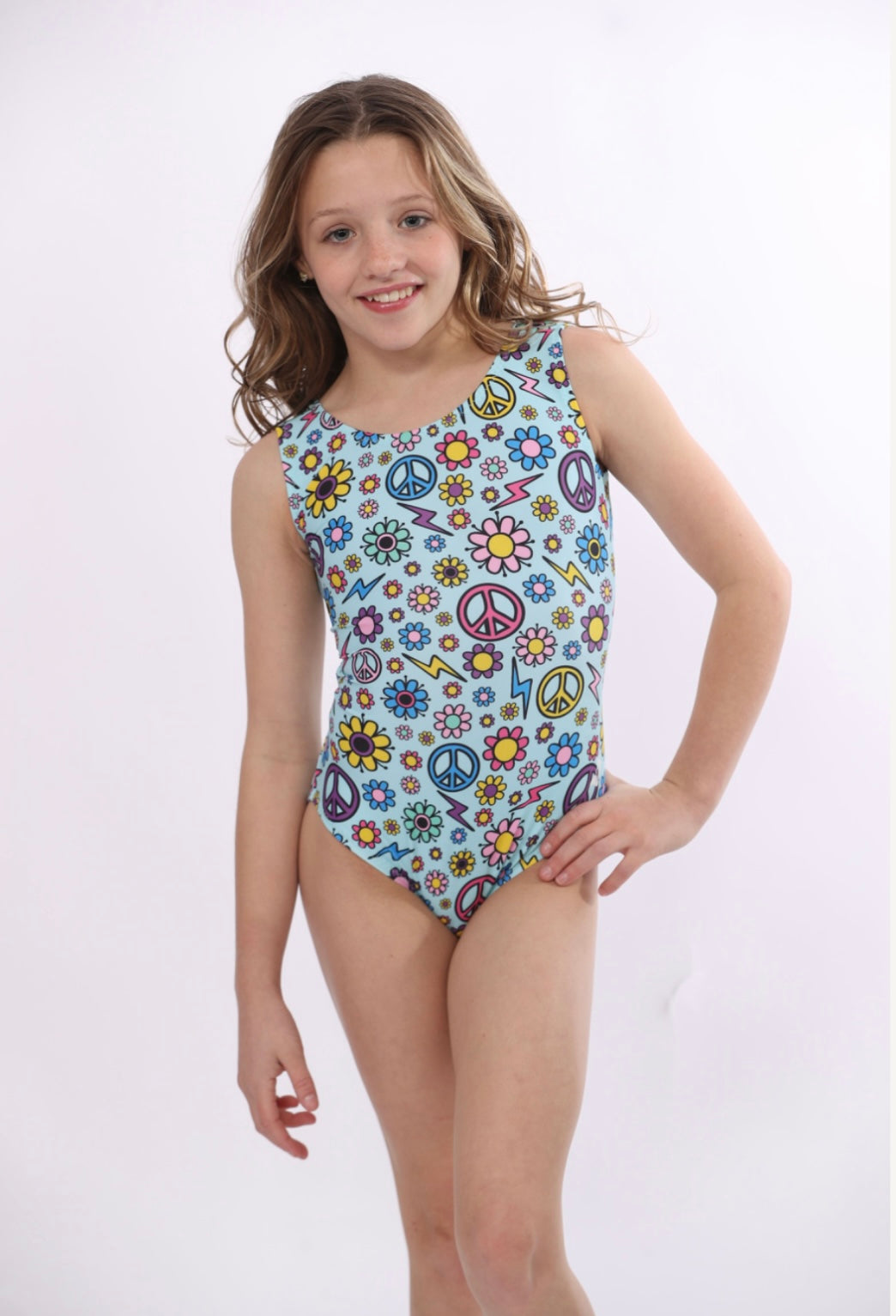 Light blue leotard with flowers and peace signs