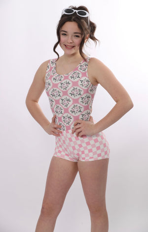 Soft pink checkered leotard and shorts set 