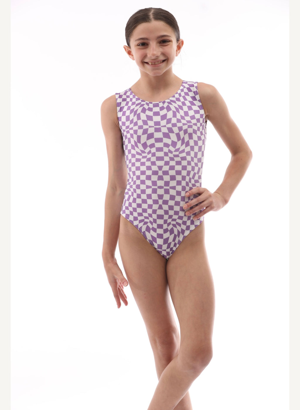 Purple and white checkered leotard