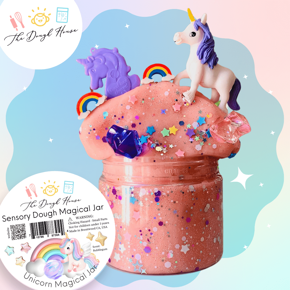 Sensory dough jar with unicorn and rainbow decorations on a colorful background