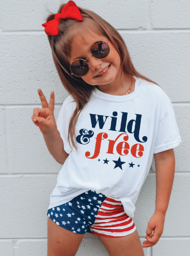 Wild & Free 4th of July Kids Graphic Tee - Patriotic Girls T-Shirt - Foxy’s