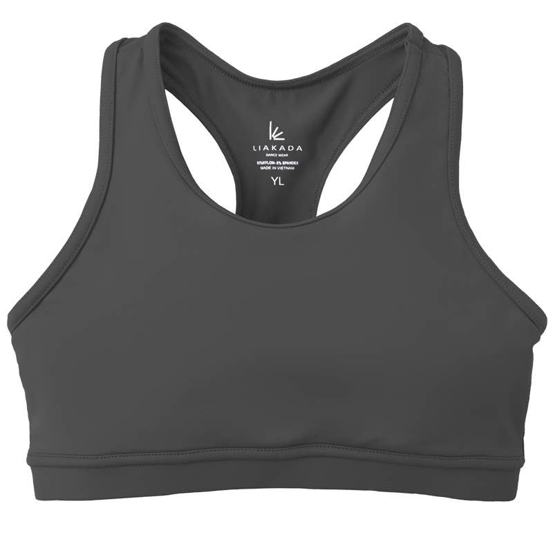 Black sports bra with 'LIAKADAS' branding on a white background