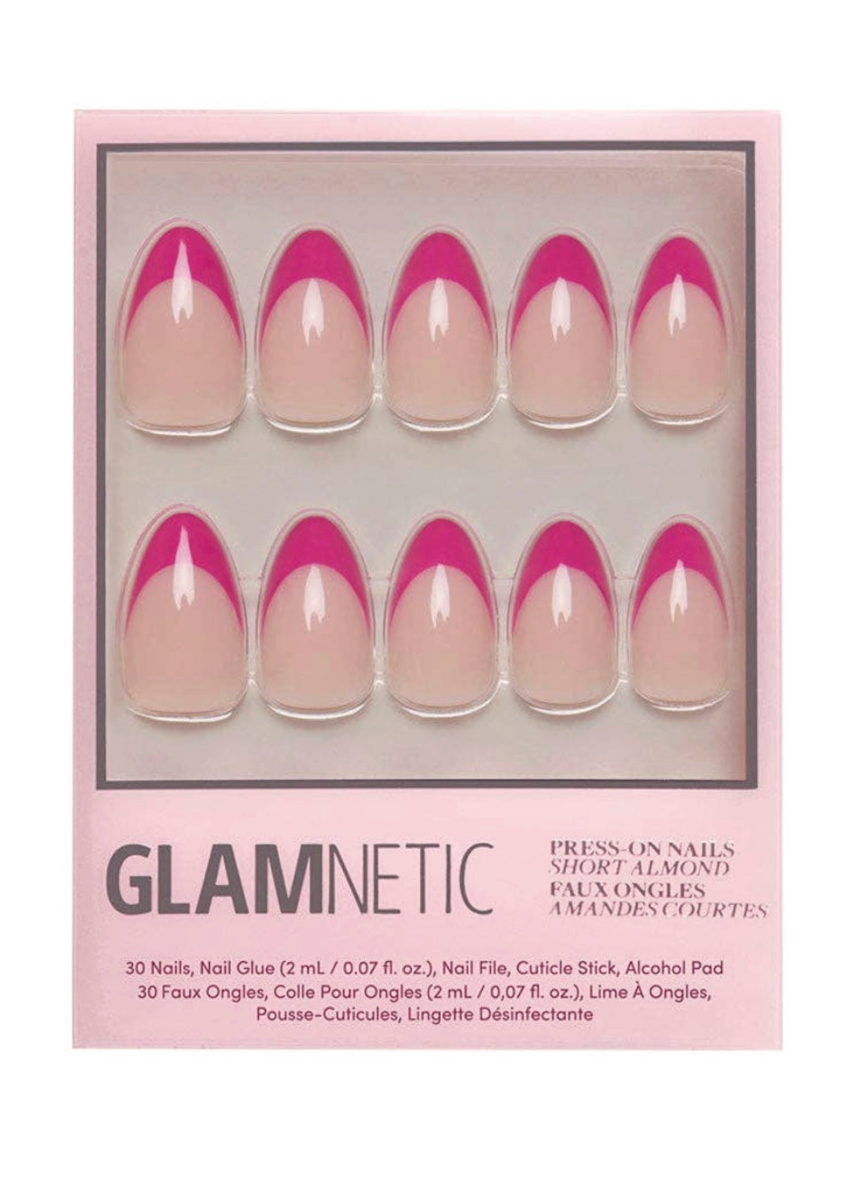 Glamnetic Raspberry Sorbet Press - On Nails | Pink French Tip | Short Almond - Reusable - Foxy’s