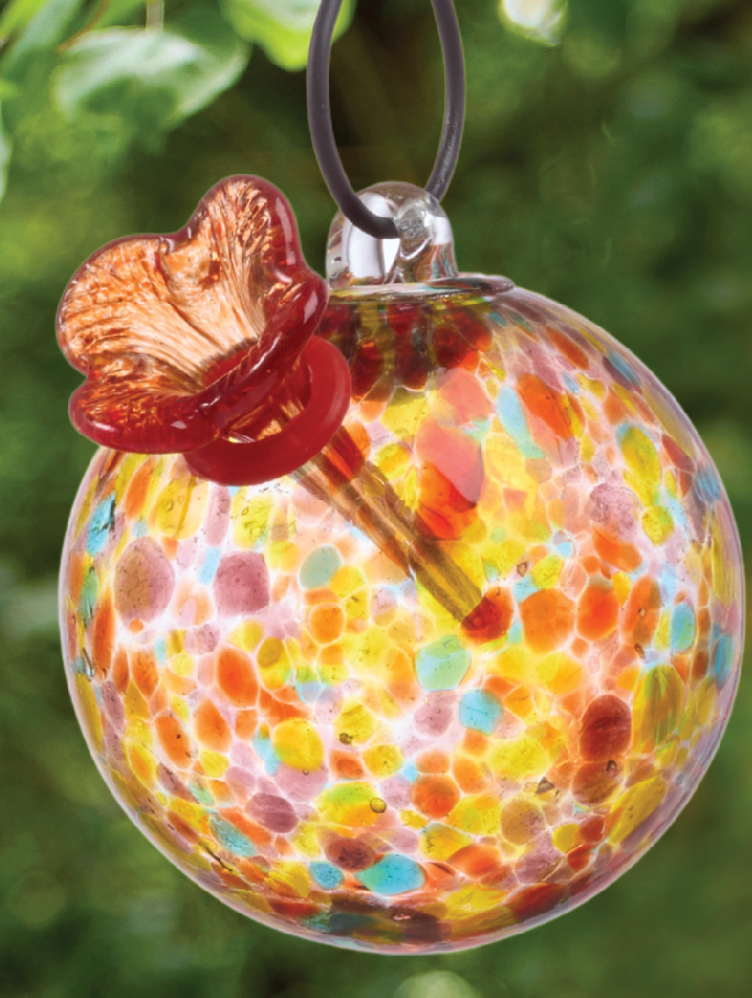 Round Multicolor Art Glass Hummingbird Feeder - Foxy’s