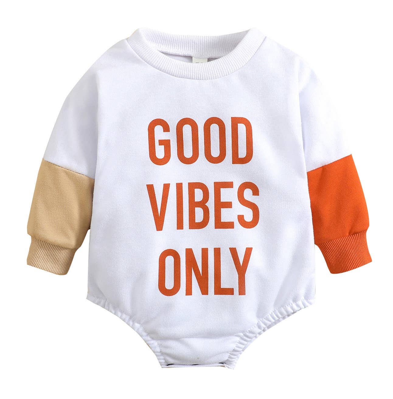 White baby romper with 'Good Vibes Only' text on a white background