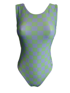 green and purple colored checker gymnastics leotard