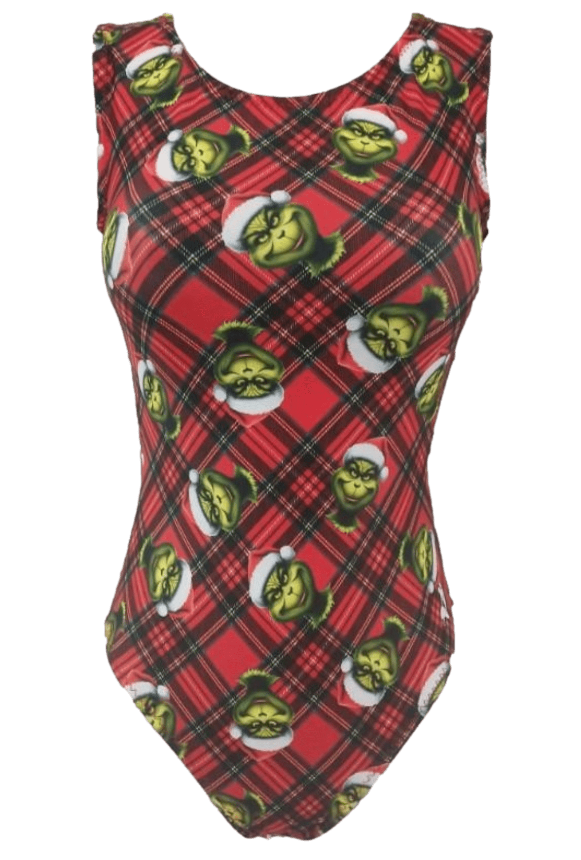 Red plaid leotard with Grinch faces for Christmas on a white background