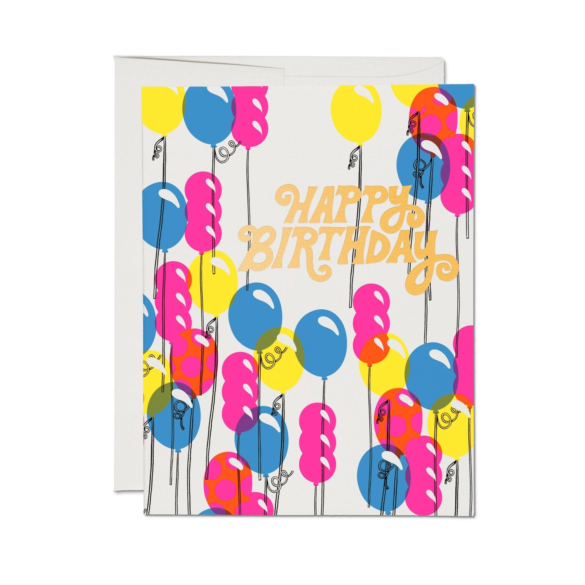 Happy Birthday greeting card with colorful balloon design and envelope.