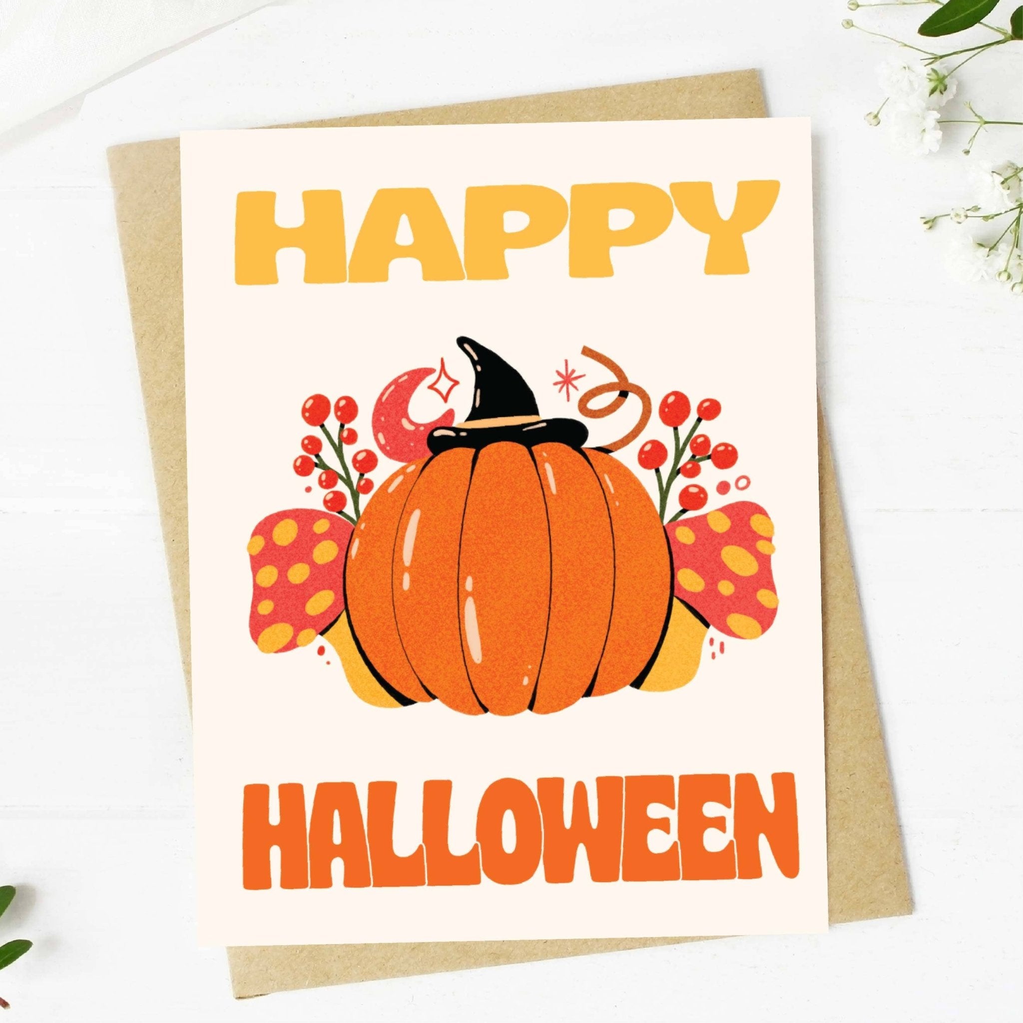 Halloween card with a pumpkin and 'Happy Halloween' text on a white background