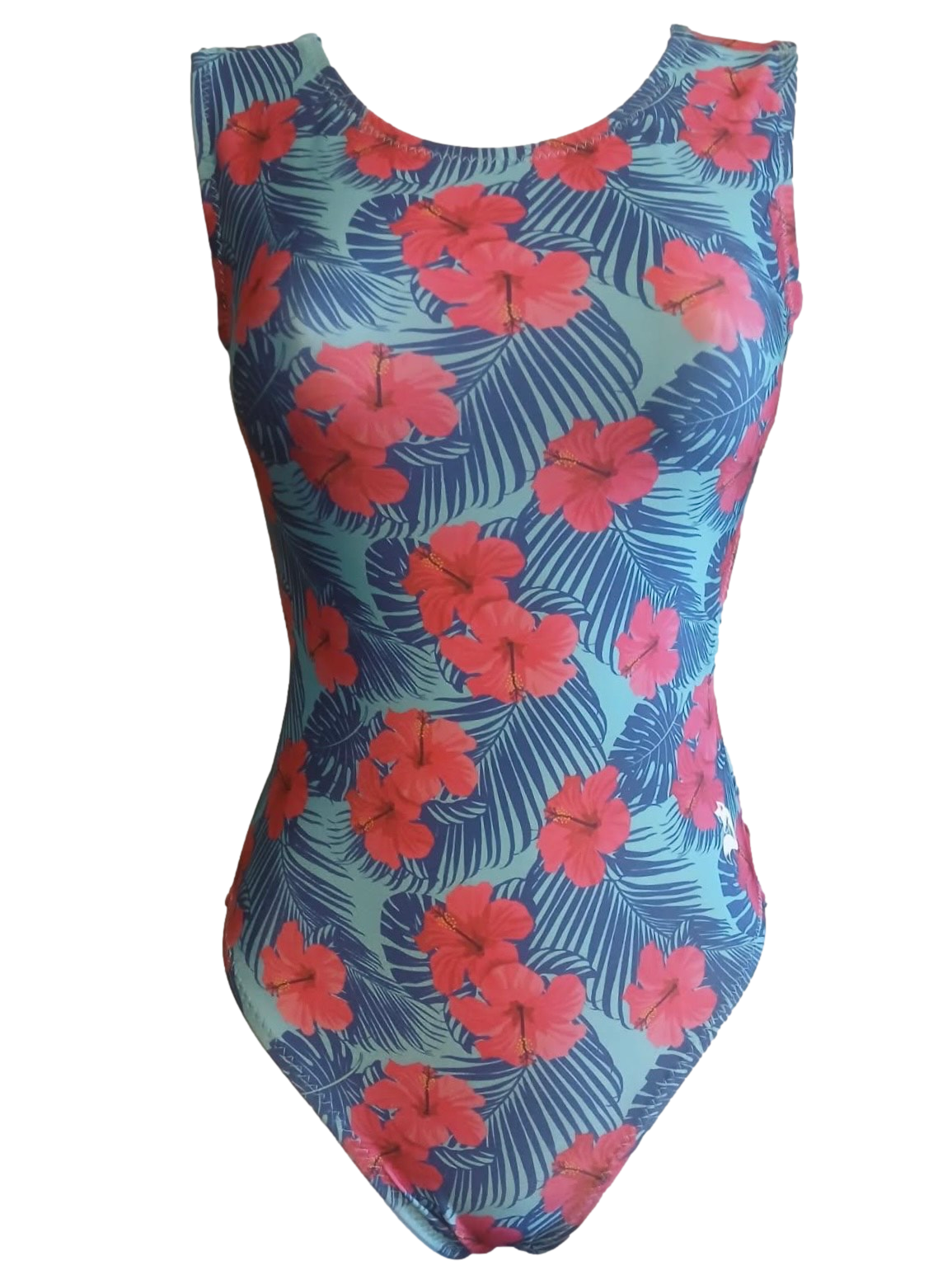 blue and pink hawaiin hibiscus leotard